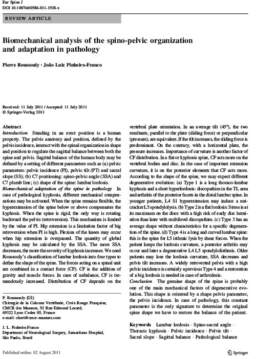 Biomechanical analysis of the spino-pelvic organization and adaptation in pathology